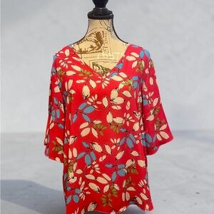 Andrée by Unit Leaf Print V-Neck Top in Pink - Size L - Like New